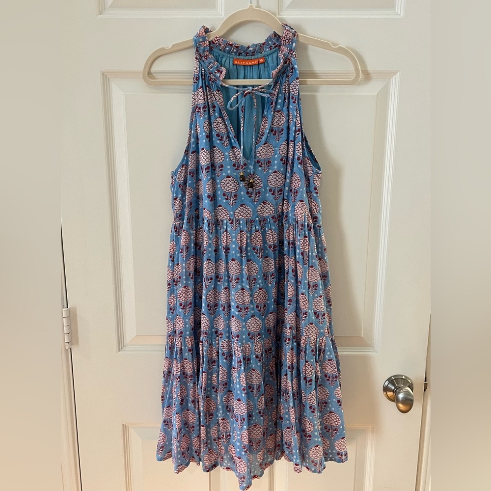 Oliphant (M)- Tiered Mini dress, blue and red floral block print